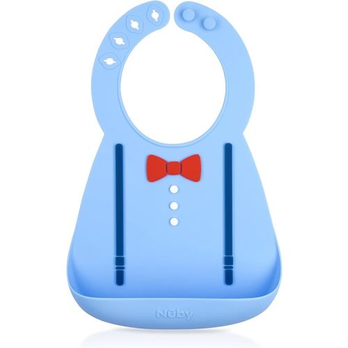 Nuby 3D Soft Silicone Baby Bib with Scoop - Silicone Bib for Toddlers and Babies 6+ Months - Suspenders and Bow Tie