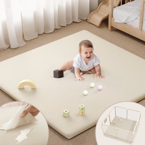 Baby Play Mat, Caveen Vegan Leather Baby Floor Mat Playpen Mat, Thicken Soft Crawling Mat for Infant, Wipe-Clean, 50"x 50", Beige