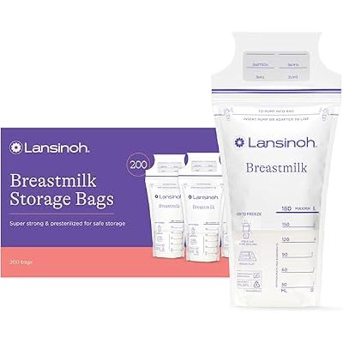Lansinoh Breastmilk Storage Bags, 200 Count Value Pack, Easy to Use Breast Milk Storage Bags for Feeding, Baby Essentials, Presterilized, Hygienically Doubled-Sealed for Freezing & Refrigeration, 6 OZ