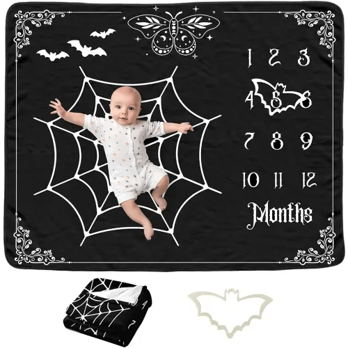 Gothic Baby Monthly Blanket for Boys, Goth Newborn Month Soft Flannel Photography Background Prop, Moth Bat Halloween Personalized Shower Gift