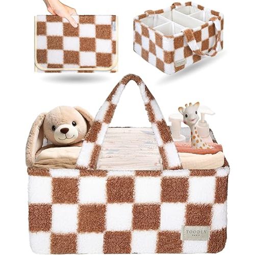 Checkered Diaper Caddy Organizer with Portable Changing Mat - Teddy Fleece Diaper Organizer for Changing Table - Caddy Organizer with Removable Dividers - Light Taupe and White