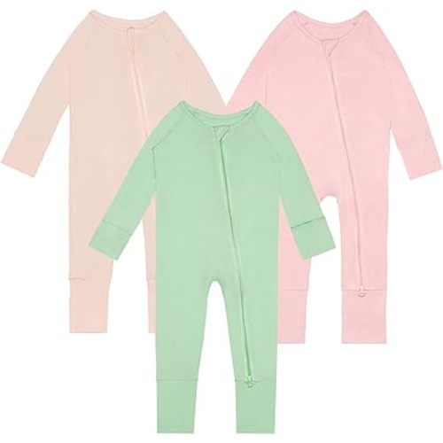 Rayon of Bamboo Baby Rompers Long Sleeve Two Way Zipper Footless Pajamas With Mitten Cuffs