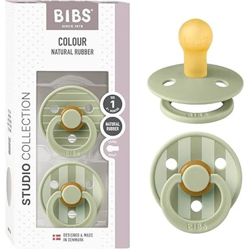 BIBS Pacifiers - Colour Studio 2 Pack | Round Nipple Baby Pacifier | BPA Free Natural Rubber Latex Soother | Made in Denmark | Size 0+ Months | Pin Sage