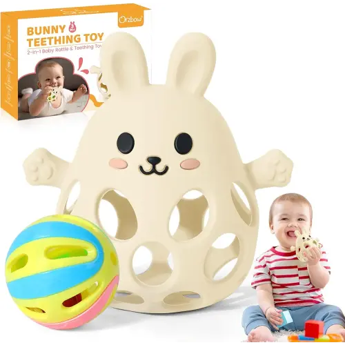Orzbow Baby Teething Toys for Babies, Easy Grasp Oball Toy & Baby Rattle with Textured Surface, Teethers Toy 3-6-12 Months Food Grade Silicone, Bunny Shape, Infant Newbown Gift, Cream