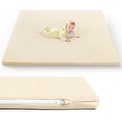 Baby Mat for Floor, Thick Soft Non-Toxic Vegan Leather Baby Play Mat, Waterproof Foam Play Mat, Padded Play Mat for Baby, 50x50 Playpen Mat, Infant Playmat for Baby Girls and Boys, Beige
