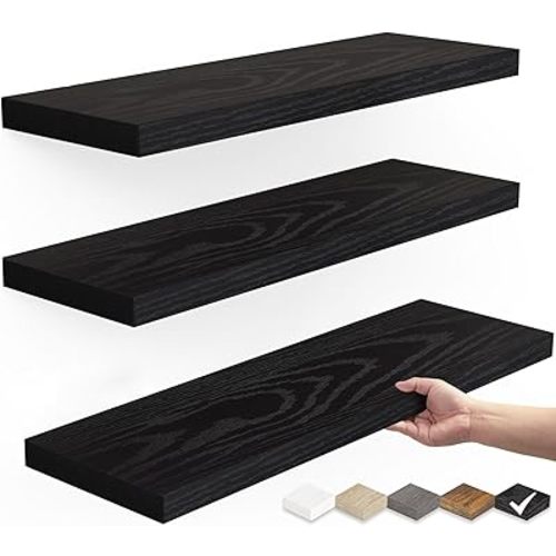 BAYKA Floating Shelves for Wall, Wall Mounted Rustic Wood Shelves for Bathroom, Bedroom, Living Room, Kitchen, Hanging Shelf for Books/Storage/Room Decor with 22lbs Capacity (Black, Set of 3, 15.7in)