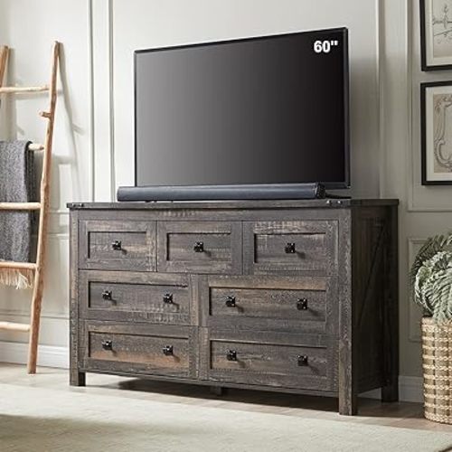 T4TREAM Farmhouse 7 Drawers Dresser for Bedroom, Wood Rustic Dresser Tv Stand, Storage Dressers Organizer for Bedroom, Living Room,Hallway, Dark Rustic Oak