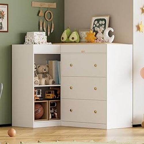Modern Nursery Changing Table Dresser,Corner Baby Dressing Table with 5 Drawers,2 Open Storage Racks,Multi Functional Diaper Changing Station for Children's Rooms,for The Nursery, White