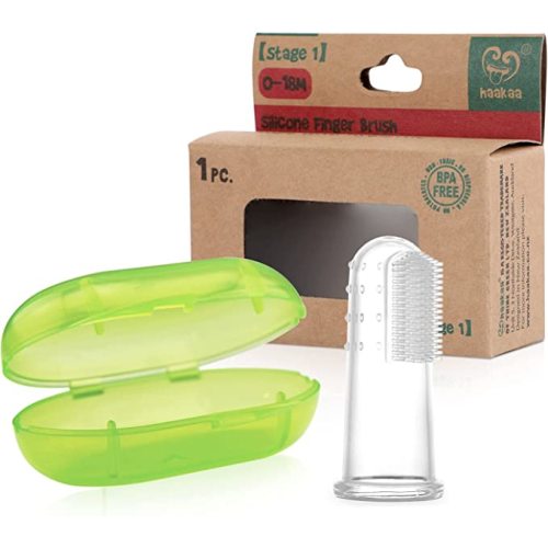 haakaa Silicone Baby Finger Toothbrush Set, Baby’s First Toothbrush with Case, Soft Bristle Toothbrush for Infant Oral Care, 3 Months + - Clear