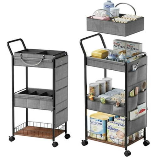 3-Tier Diaper Caddy Cart Organizer - Rolling Baby Cart with Side Pockets and Basket, Multi-Function Utility Cart for Nursery, Bedroom, Bathroom, Mobile Diaper Organizer for Baby Essentials