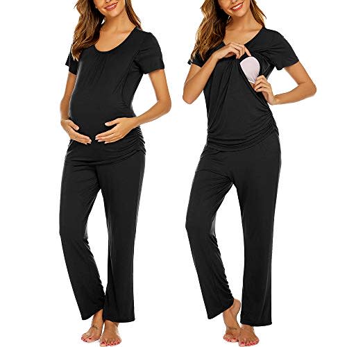 Ekouaer Women's Maternity Nursing Pajamas Set Breastfeeding Sleepwear Double Layer Short Sleeve Top & Pants Pregnancy PJS