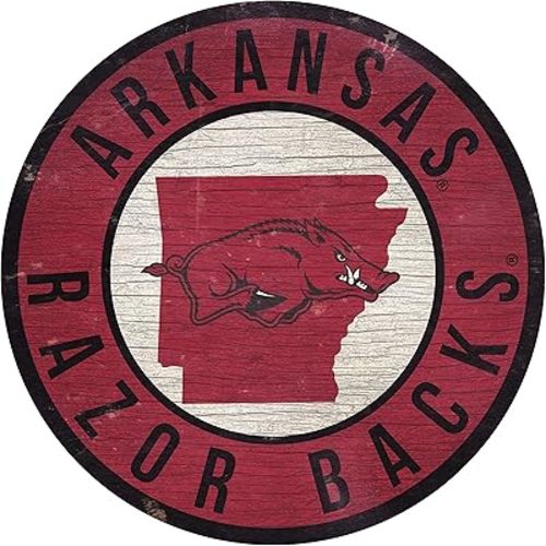 Fan Creations Arkansas Razorbacks 12" Circle with State and Team Logo Wood Sign
