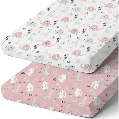 Pack n Play Sheets, BROLEX 2 Pack Mini Crib Sheets,Stretchy Portable Fitted Playard Sheet Set, Convertible Playard Mattress Cover,Ultra Soft Breathable Material,Elephant&Rabbit