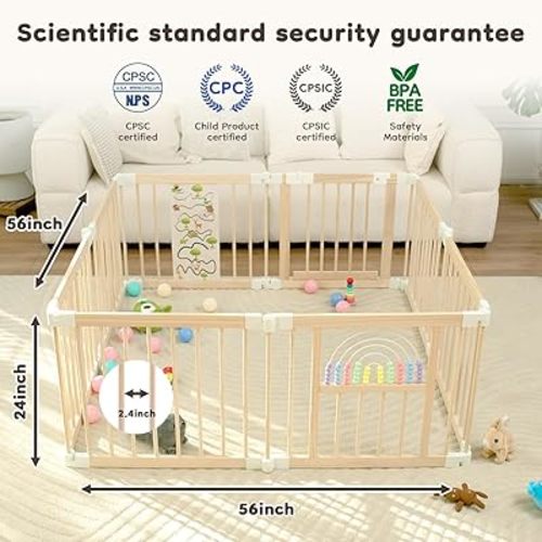 Foldable Wooden Baby Playpen Activity Center,Adjustable Size & Shape Portable Play Yard, Baby Fence Play Area with Gate for Indoor Use for Babies and Toddlers(56x56x24inches)