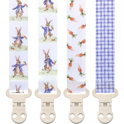 Baby Pacifier Clip Holder - Boy and Girl Unisex 4 Pack Gift Set – Neutral Vintage Rabbits and Carrots Easter Beige Blue Brown Peter