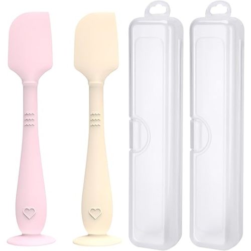 2 Pack Diaper Cream Spatula with Hygienic Travel Case, Butt Spatula Baby with Suction Base, Baby Butt Paste Spatula, Soft Silicone Diaper Rash Cream Applicator Large Size (Pink & Offwhite)