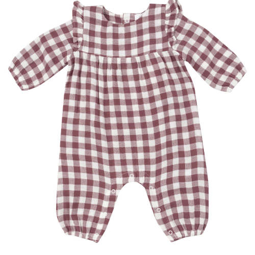 Ruffle Sleeve Romper, Plum Gingham