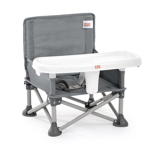 Bright Starts Pop 'N Sit Portable Booster, Indoor/Outdoor Use, Floor Seat with Feeding Tray, Grey, 6 Mos - 3 Yrs