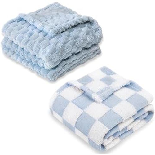 HOMRITAR 2 Pack Baby Blanket for Boys or Girls 3D Jacquard Fluffy Fuzzy Blanket + Checkered Toddlers Blanket 30 x 40 Inch