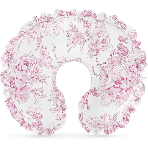 DILIMI Nursing Pillow Cover, Removable Ruffled Pillowcase for Breastfeeding Pillows, Ultra Soft Comfortable Slipcover for Baby Girl and Boy, Pink Floral