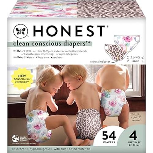 The Honest Company Clean Conscious Diapers | Plant-Based, Sustainable | Wild Thang + Rose Blossom | Club Box, Size 4 (22-37 lbs), 54 Count