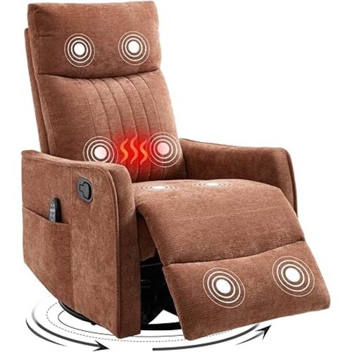 Swivel Rocker Recliner Chair, 360° Swivel Recliner with Heat and Massage, Rocker Recliner Nursery Glider Chair with Side Pockets for Living Room (Orange, Fabric)