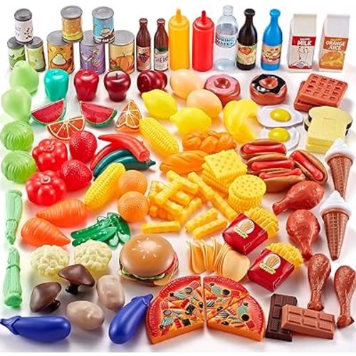 143 Piece Play Food for Kids Kitchen - Toy Assortment - Pretend Food for Toddler - Bonus Water Bottle + Deluxe Color Box Packaging + Storage Bag
