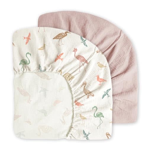 Little Grape Land Muslin Crib Sheets Fitted for Boys and Girls 2 Pack, 100% Cotton Baby Bed Sheets Soft Breathable, Neutral Fitted Baby Mattress Sheets for Standard Crib 52x28 inches, Wetland Bird