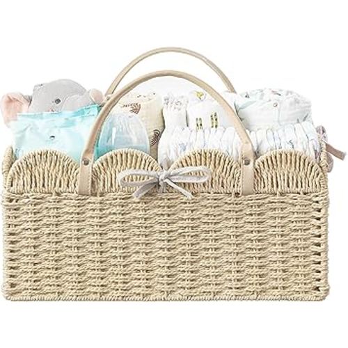 HBlife Large Baby Diaper Caddy, Paper Rope Storage Baskets Nursery Bin with Removable Divider, Portable Car Organizer for Diapers, Baby Shower Gifts, Newborn Essentials Must Haves