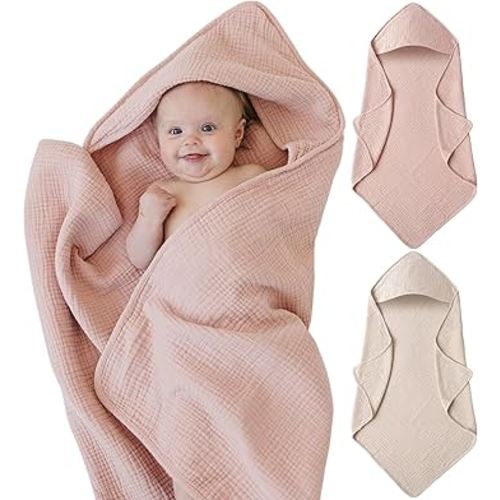Muslin Baby Towels with Hood for Newborn 100% Cotton Baby Bath Towels Soft & Absorbent Hooded Baby Towel for Boys and Girls, Large Size - 32 * 32 Inches (Ivory & Pink)