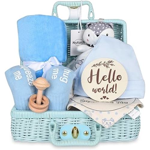 Newborn Baby Gift Set | Baby Gift Basket | Newborn Blanket, Wooden Teether, Security Blanket, Cap, Baby Bibs, Socks & Greeting Card (Blue)