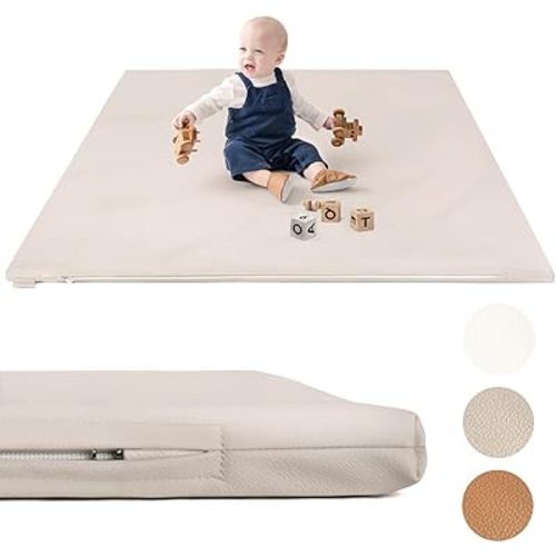 Padded Baby Play Mat - Thick Play Mat for Baby - Extra Thick & Super Soft Non Toxic Vegan Leather Floor Mat for Baby Girls and Boys - Crawling Mat for Baby Play on Floor - Light Grey