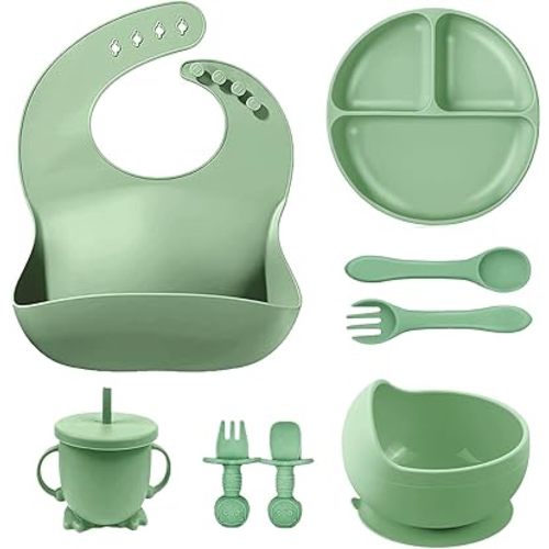 Silicone Baby Feeding Set, 8 Piece Food Grade BPA Free Essentials for Toddler Kids Includes Divided Suction Plate, Suction Bowl, Adjustable Bib, Toddlers Spoon and Fork, Cup with Straw (Green)