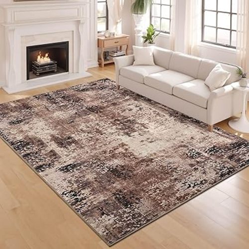 Living Room 6x9 Brown Area Rug Washable, Abstract Modern Bedroom Rugs Non Slip, Neutral Large Carpet Stain Resistant for Nursery, Dining, Kids Playroom, Dining Room, Office
