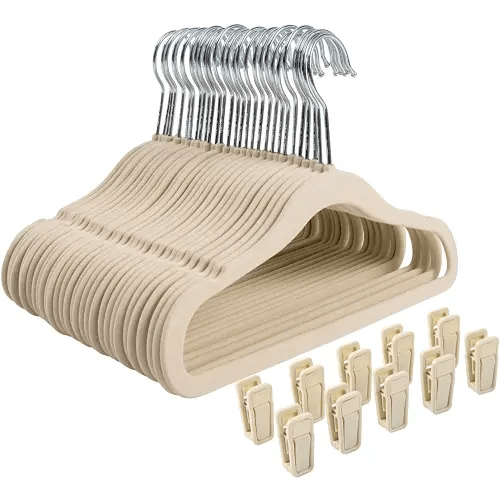 Finnhomy Non-Slip Clothes Hanger for Baby and Kids 30-Pack Velvet Hangers with 10 Finger Clips,Beige