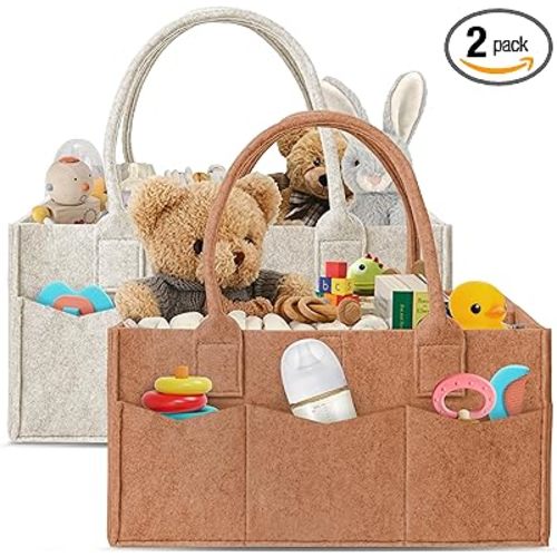 HIPHOP PANDA 2-Pack Diaper Caddy Organizer - Nursery Storage Bin & Car Organizer for Diapers, Wipes, and Baby Essentials - Dual-Color Solid Set (Caramel/Oatmeal), Regular Size