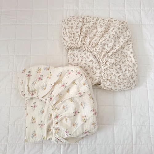 BuLuTu Muslin Pack N Play Mattress Sheets 38"x26", 2 Pack Mini Crib Fitted Sheets for Girls Boys, 100% Cotton Soft Breathable Baby Mattress Sheet 360 Mattress Wrapping, Camellia & Azalea