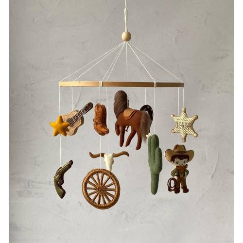 Vintage Western nursery decor, hanging cowboy mobile, horse mobile, cot boy mobile, wild west, cowboy boots, cactus, kids room, baby shower.