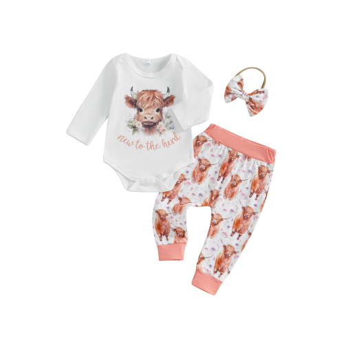 Qtinghua Newborn Baby Girl Clothes Infant Cattle Print Long Sleeve Romper Highland Cow Pants Headband Set 3pcs Fall Outfits