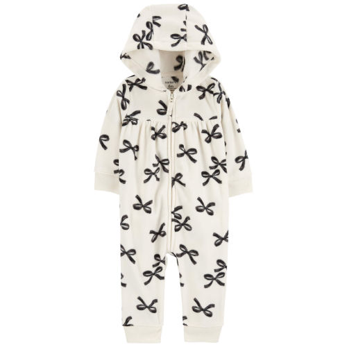 Baby Bows Hooded Zip-Up Fleece Jumpsuit