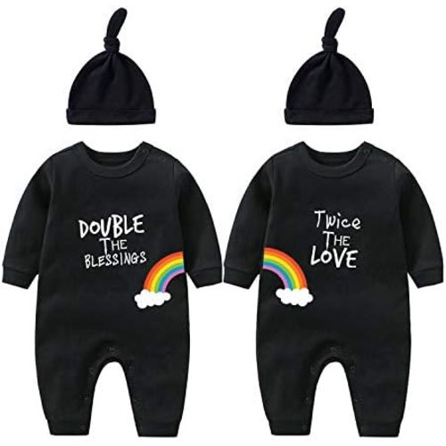 YSCULBUTOL Baby Twins Bodysuit Double Rainbow All The Way Baby Birthday Clothing Infant Romper Hat Set