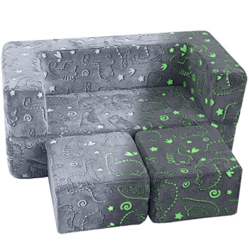 MeMoreCool Kids Couch Toddler Couch, Glow in The Dark Dinosaur Kids Couch Fold Out, Baby Couch Kids Bedroom Furniture, Grey Kids Sofa Play Couch for Playroom, Modular Kid Furniture for Bedroom