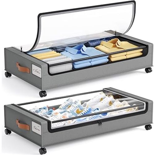 Yecaye Under Bed Storage with Wheels, 2 Pack Under Bed Storage Containers, Large Under Bed Rolling Storage with Clear Window & Label, Bedroom Storage Organizer for Clothes, Shoes,Toys, Books, Blankets