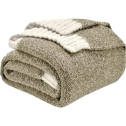 CozeCube Super Soft Fullfy Microfiber Reversible Knitted Blankets, Warm Cozy Fuzzy Plush Throw, Olive Green and White Melange Throw Blanket for Couch Bed Sofa, 50" x 60"