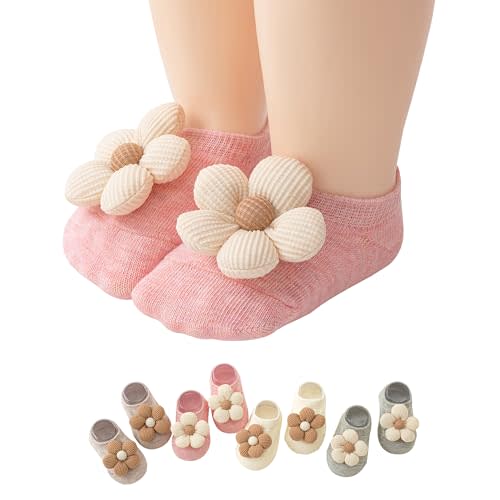 VWU Baby Socks with Grips,Infant Toddler Girls Boys Low Cut Non Slip Cotton Cute Flower 0-18 Months