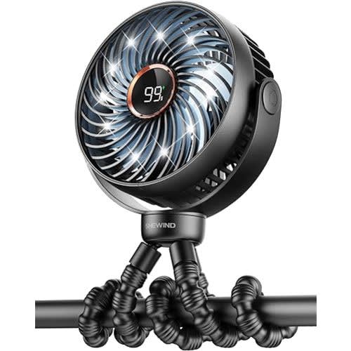 Stroller Fan, LED Light Portable Fan, 3600mAh Battery Operated Small Clip on Fan, 4 Speed Rechargeable Mini Personal Fan Cooling Travel Fan For Car Seat Crib Treadmill (Black)