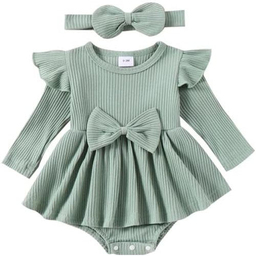Mubineo Baby Girl Cute Clothes Romper Dress Outfits Fall Winter Ruffle Long Sleeve Basic Plain Rib Knit Newborn Outfit