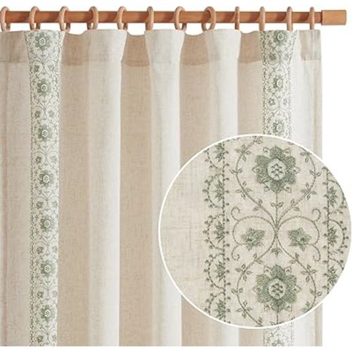 jinchan Boho Curtains for Bedroom Sage Green Vintage Floral Spring Farmhouse Curtains 72 Inches Long Linen Blend Drapes for Living Room Embroidered Drapes Light Filtering Sage on Beige 2 Panels