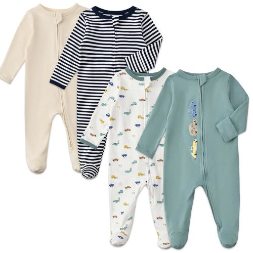 Aablexema Baby Footed Pajamas with Mitten Cuffs Zipper 4-Pack Infant Newborn Cotton Long Sleeve Outfit