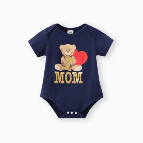 PatPat Mommy & Me Baby Clothes Boy/Girl Bear Style 95% Cotton Bear & Letter Print Bodysuit Blue 0-3 Months